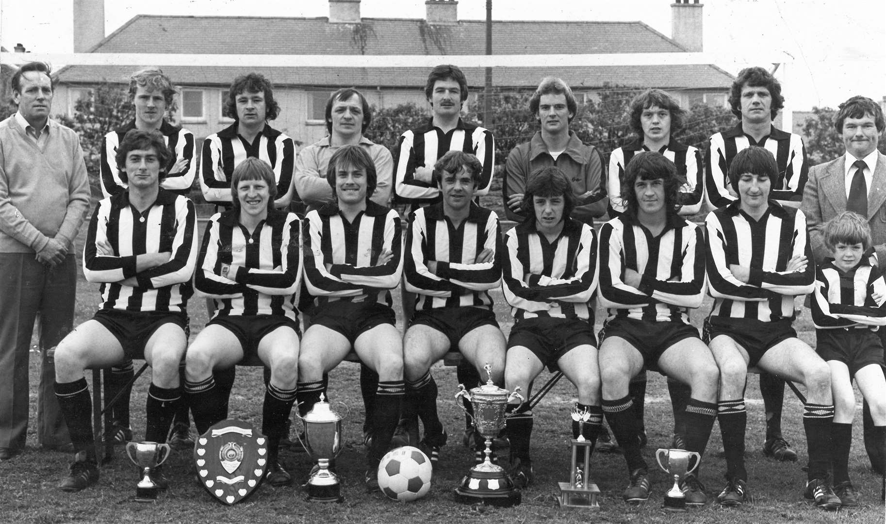 Wick Academy in the late 1970s with Pat Miller as goalkeeper. Back row (from left): J MacDonald, D Rosie, G Topping, P Miller, D McAdie, A Bremner, R Sutherland, P George, C Harper. Front: D Eyers, E Larnach, D Lyall, W Wydmuch, I Munro, G Maxwell, J Harrold, S Harper.