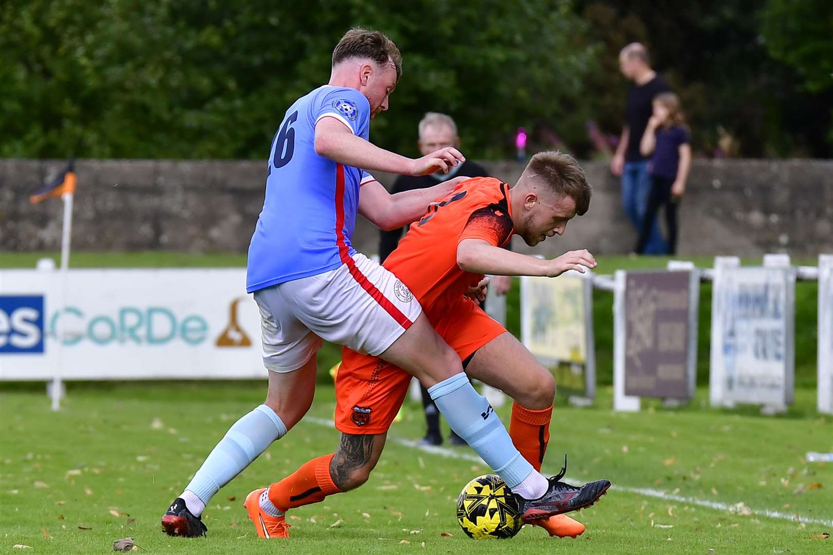 Rob McLean tackles Jake Thomson of Rothes earlier in the season. Picture: Mel Roger