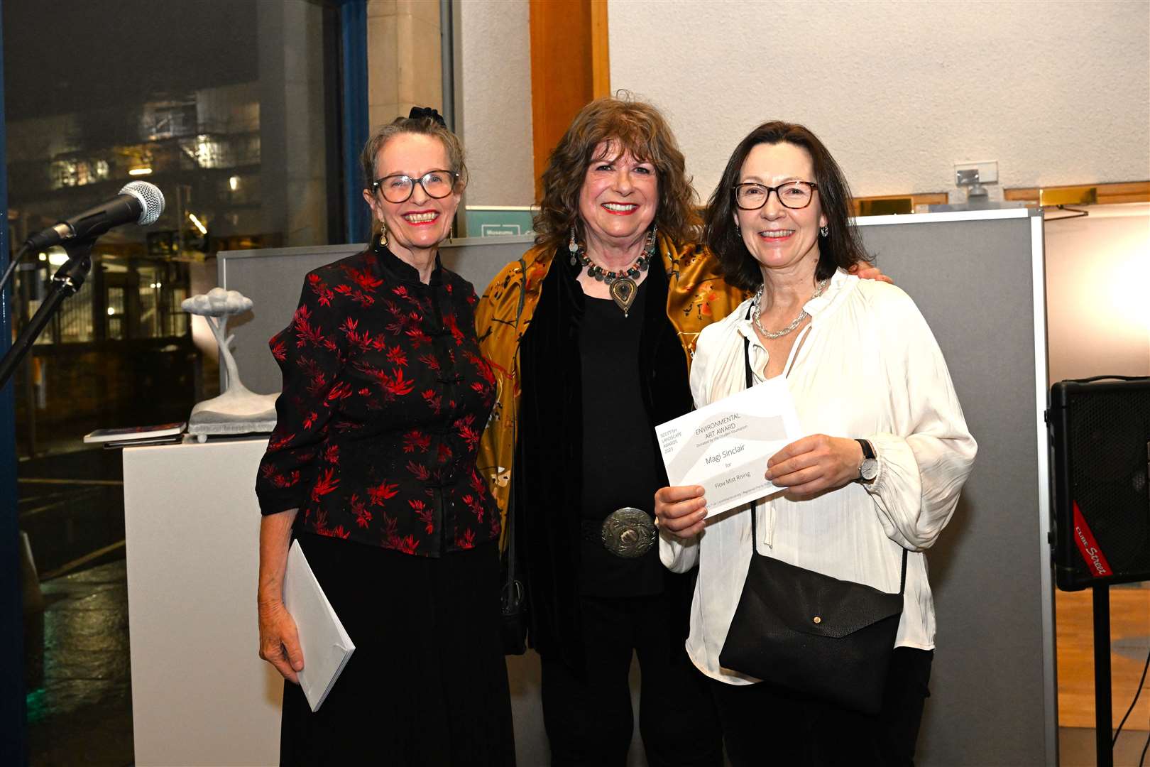 Scottish Landscape Awards (Scottish Arts Trust) winners are announced at the inaugural exhibition in the City Art Centre in Edinburgh with Lybster artist Magi Sinclair receiving a major accolade for her landscape work. From left, Sara Cameron McBean from Scottish Arts Trust, Barbara Rae chair of judges and artist Magi Sinclair. Picture: Greg Macvean