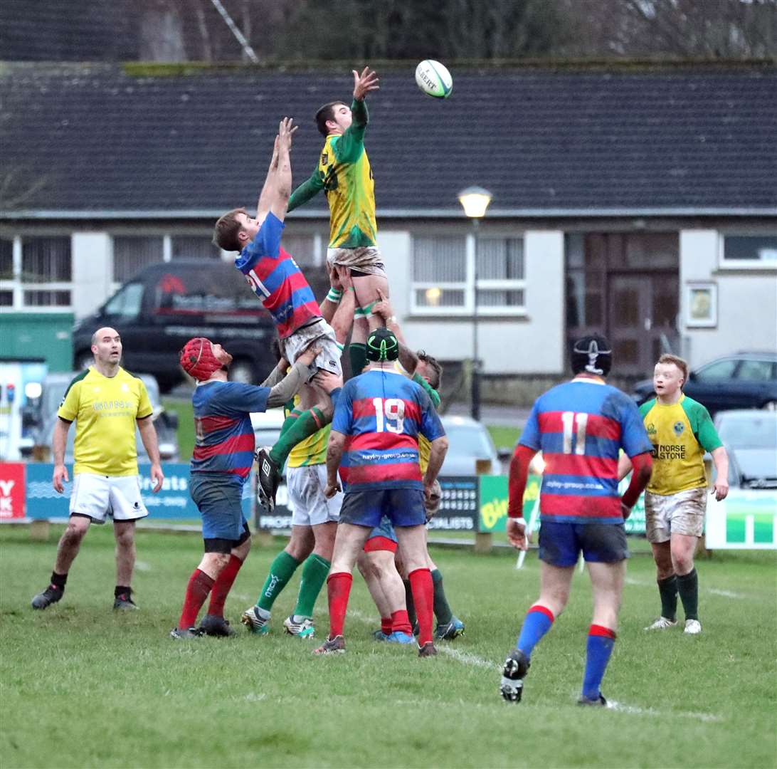 Max Kennedy wins a lineout for the Yellows during their victory over Craig Dunain in the Highlands and Islands conference of Caley North 2. Picture: James Gunn