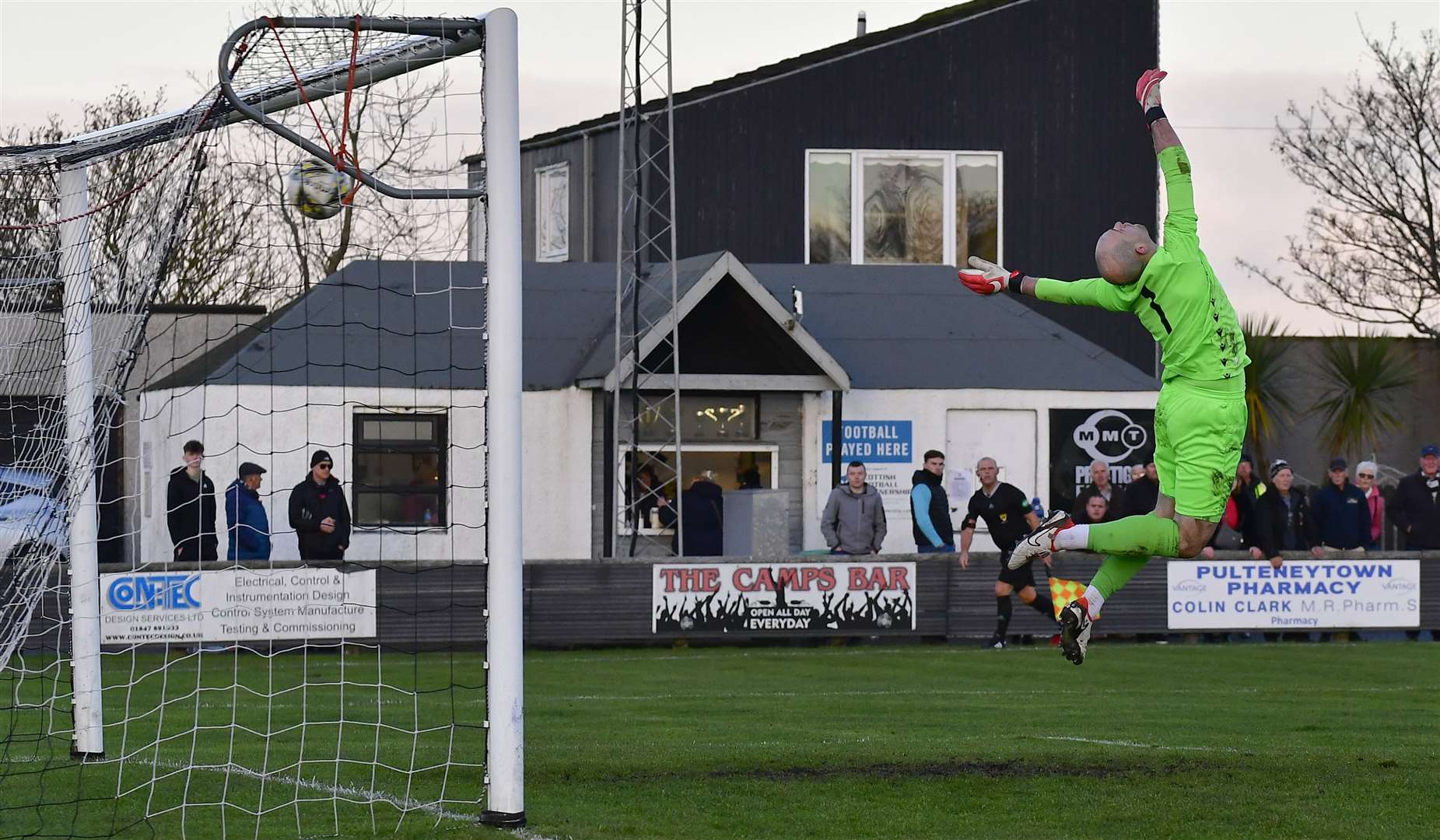 Gordon MacNab's rocket shot flies past Huntly keeper Fraser Hobday to bring Wick Academy level at 2-2. Picture: Mel Roger