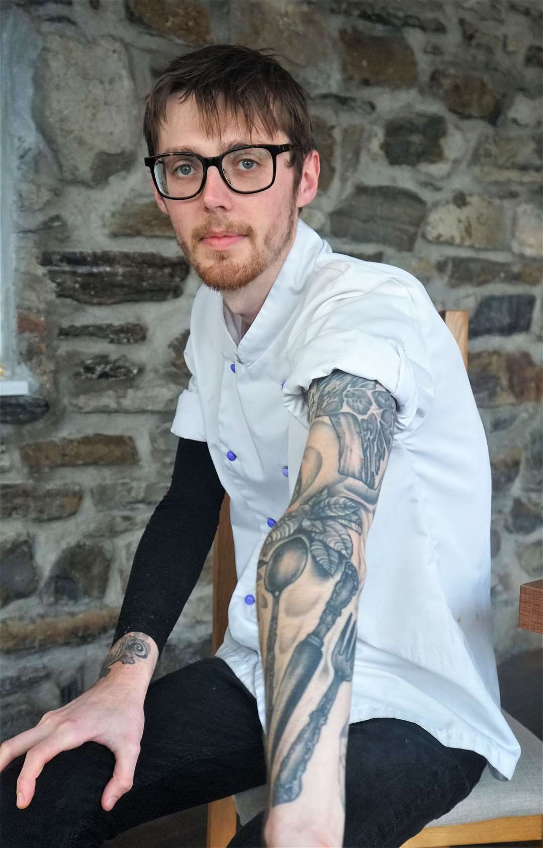 Puldagon chef Josh Tanswell wears his heart on his sleeve with tattoos showing dining utensils. Josh once worked with celebrity chef Heston Blumenthal in London. Picture: DGS